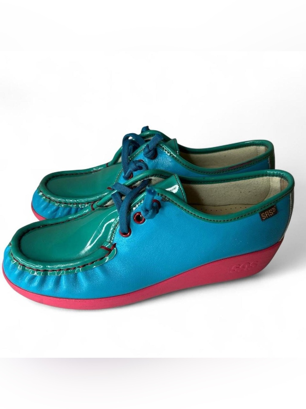 70’s Blue leather, green patent leather and pink lace up loafers.